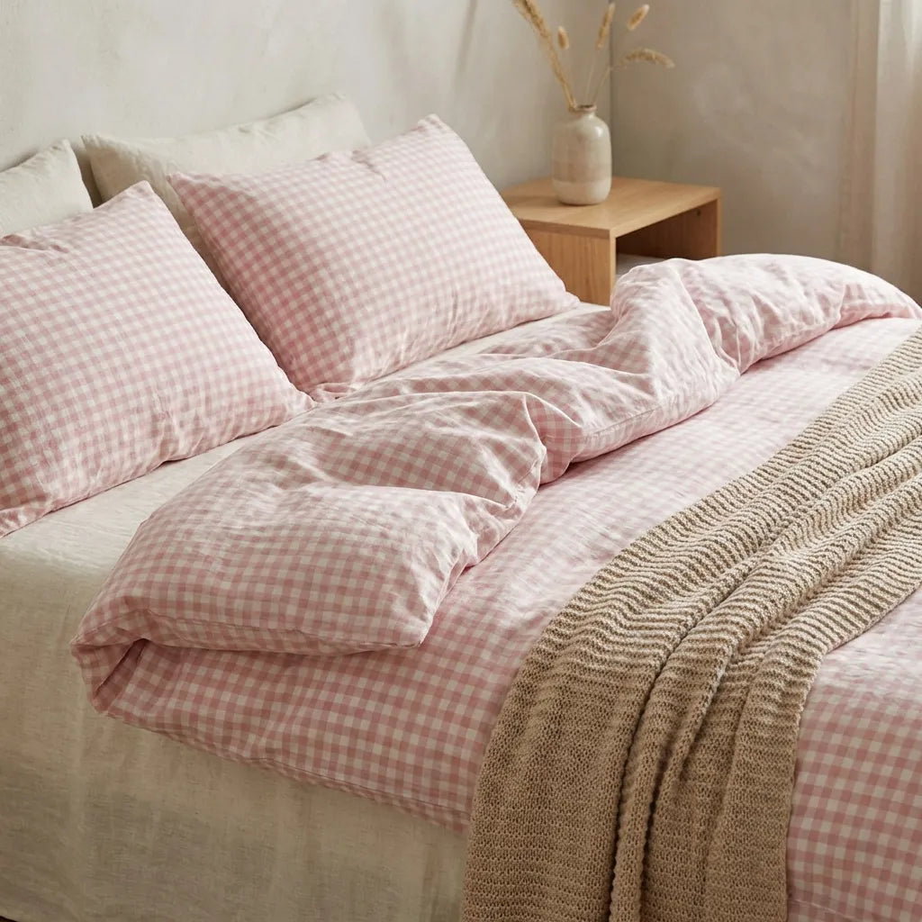 Cotton Small Gingham Duvet Cover - Beige Pink