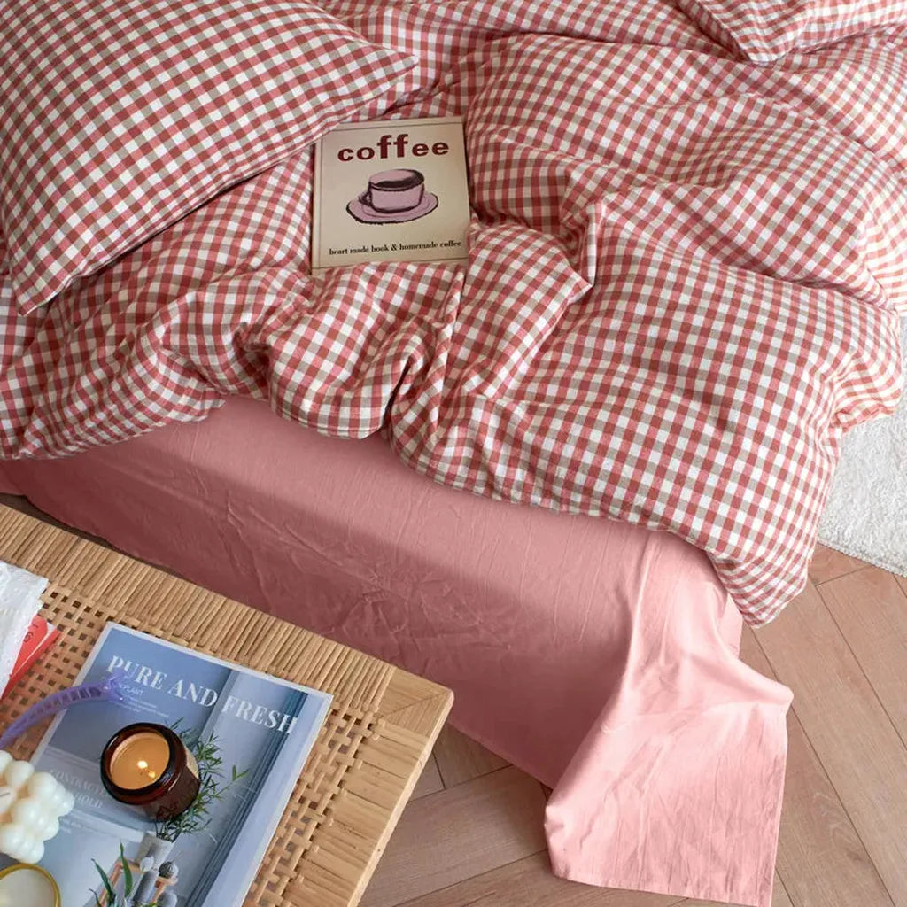 Cotton Small Gingham Bedding Set - Baby Pink