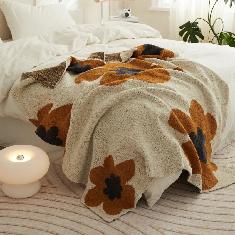 Cozy Bloom Plush Knit Throw Blanket Orange
