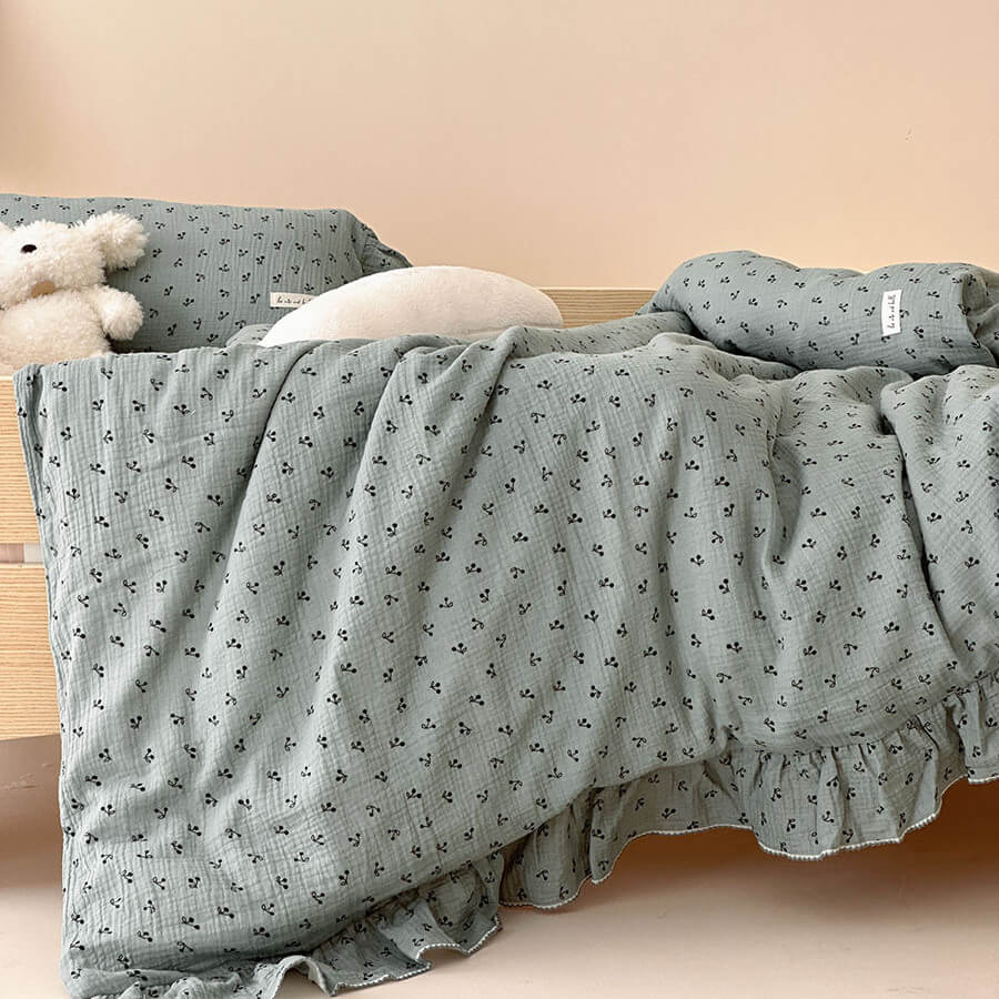 Sage Floral Cotton Gauze Bedding Set — Ruffled Kids Duvet Cover Set