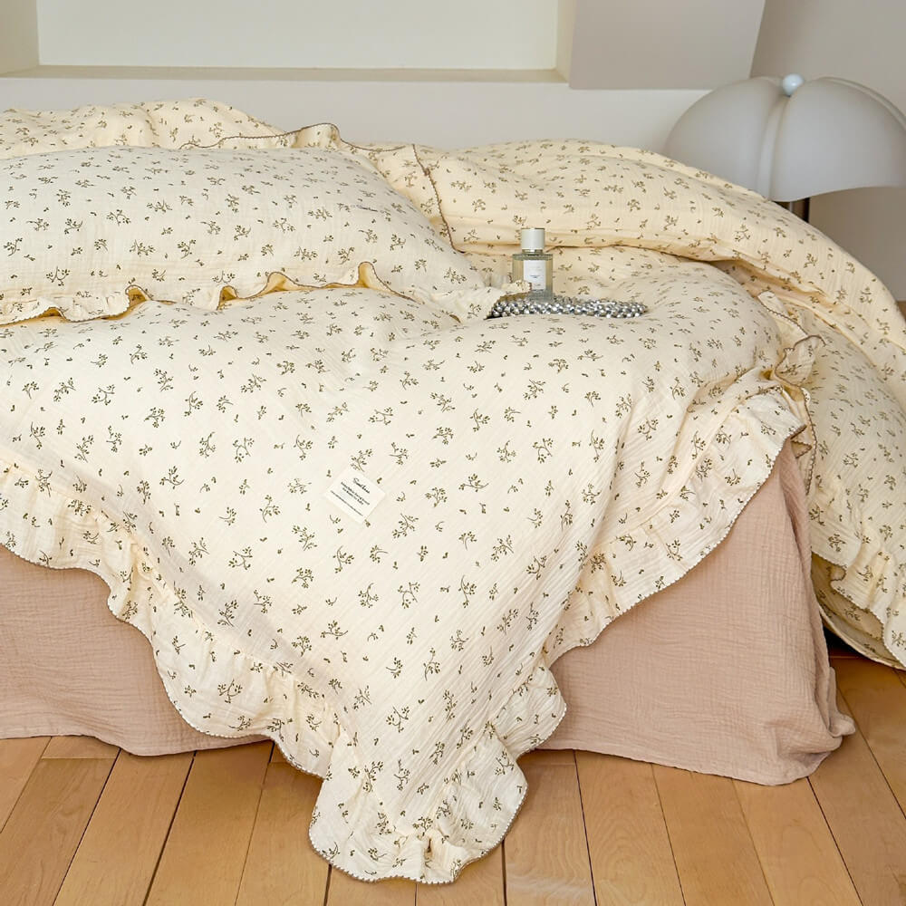 Cotton Muslin Duvet Cover – Olive Green Floral Ruffle (Twin/Queen)