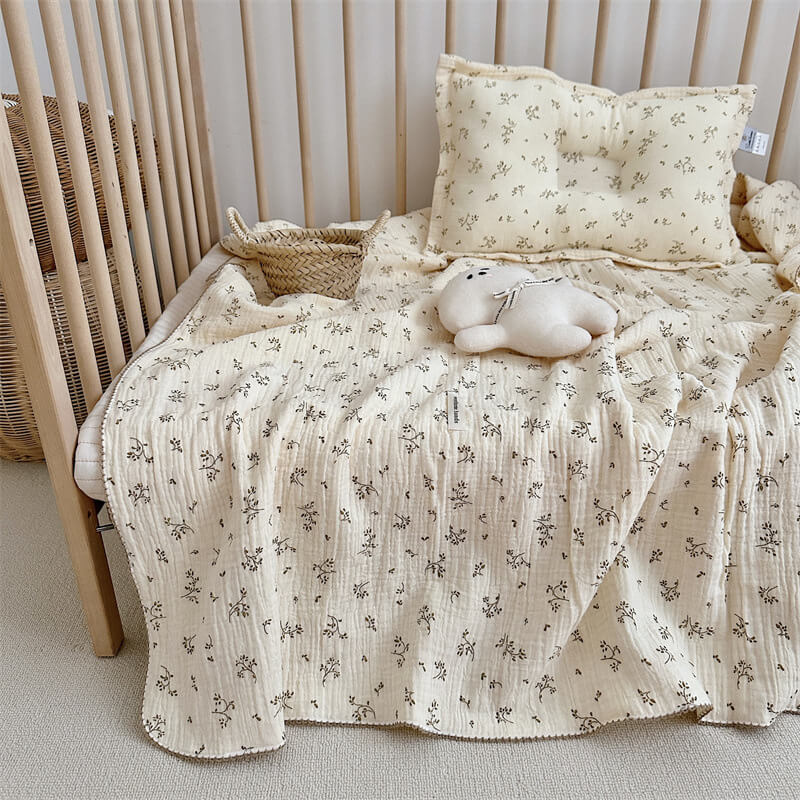 Olive Green Floral Muslin Toddler Blanket & Pillow Set