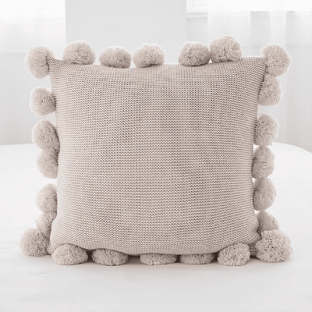 Cozy Knit Pom Pom Throw Pillow Beige