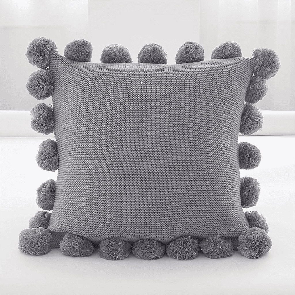 Cozy Knit Pom Pom Throw Pillow Grey