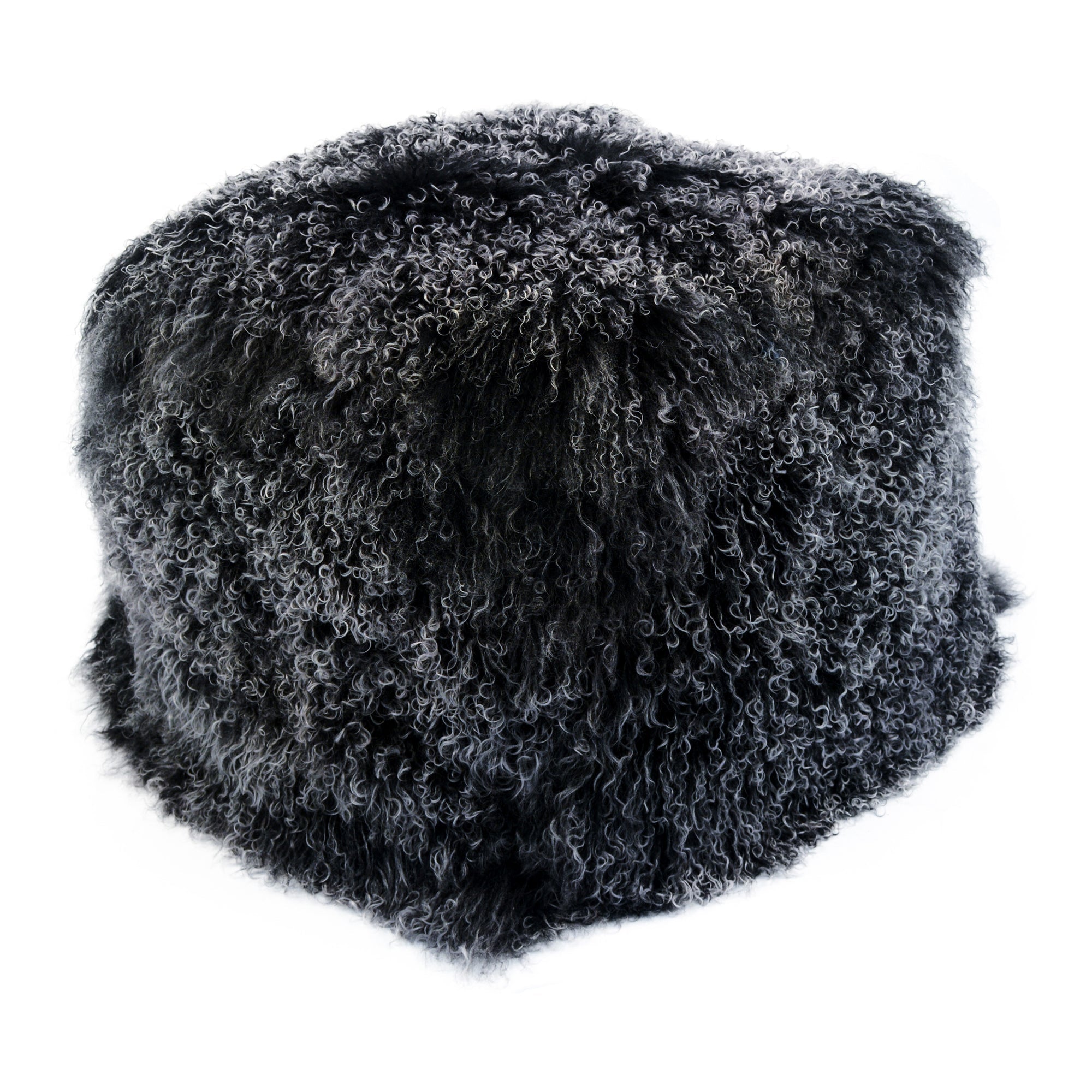 Curly Lamb Fur Square Pouf Black Snow