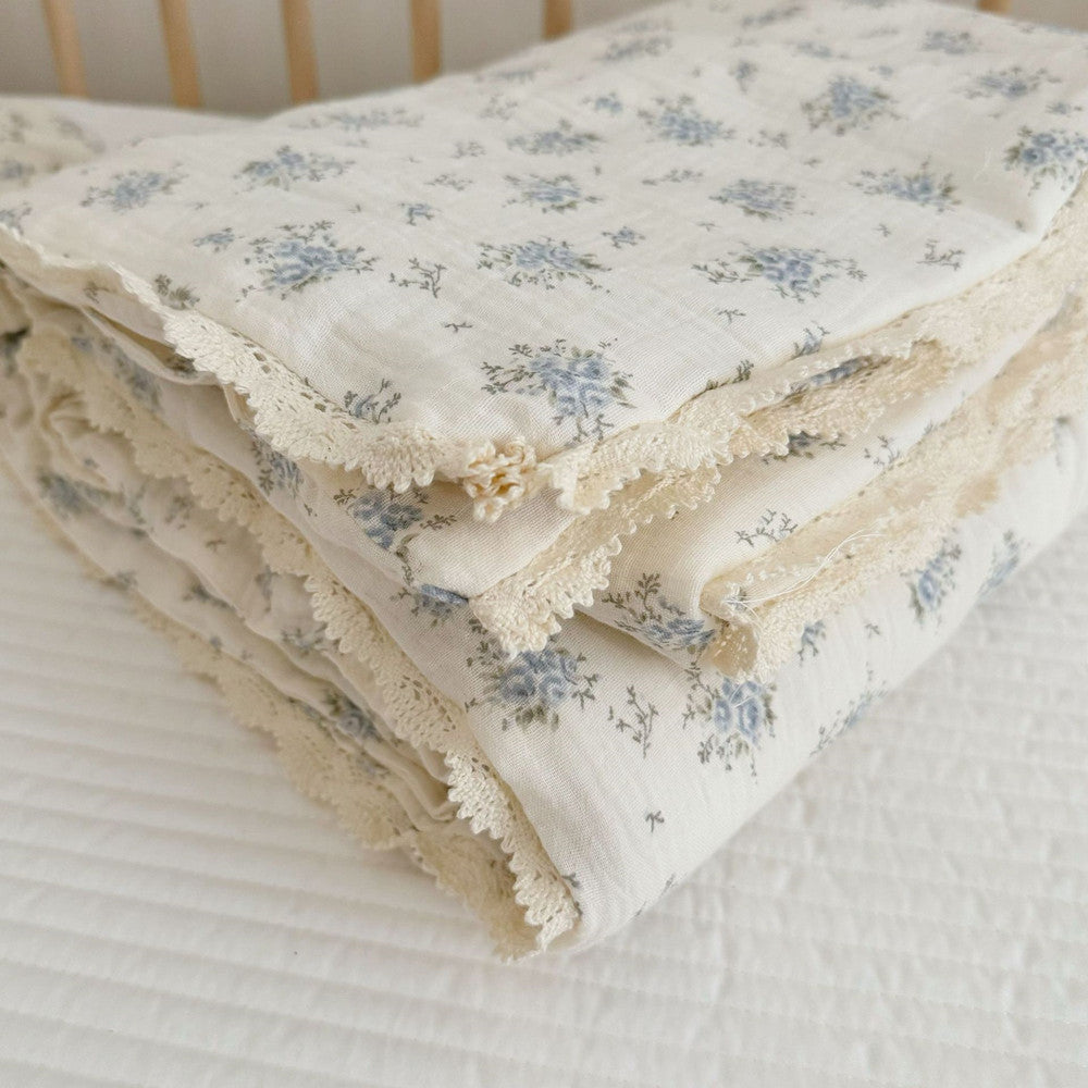 Blue Bouquet Toddler Comforter – Cotton Muslin with Lace Trim