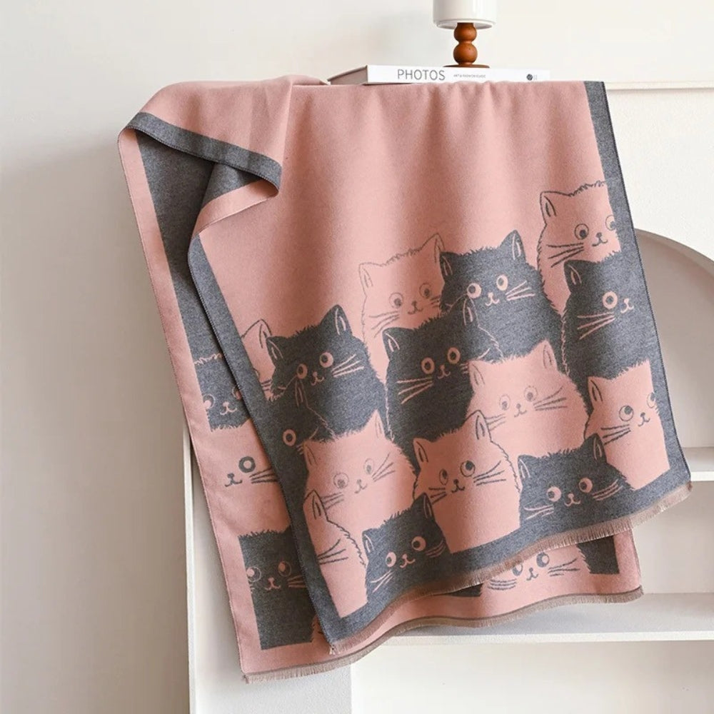 Cute Cat Jacquard Winter Scarf Pink Charcoal