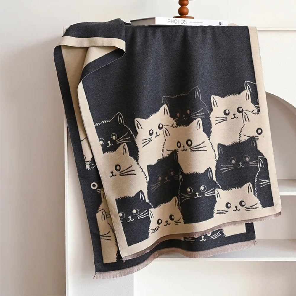 Cute Cat Jacquard Winter Scarf Gray Beige