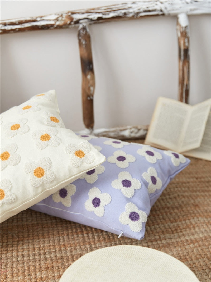 Daisy Embroidered Lumbar Pillow Cover