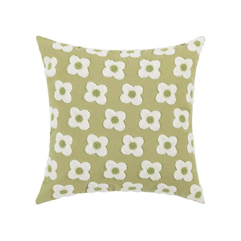 Daisy Embroidered Lumbar Pillow Cover Square Green