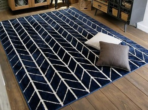 Deep Blue Patterned Area Rug Herringbone