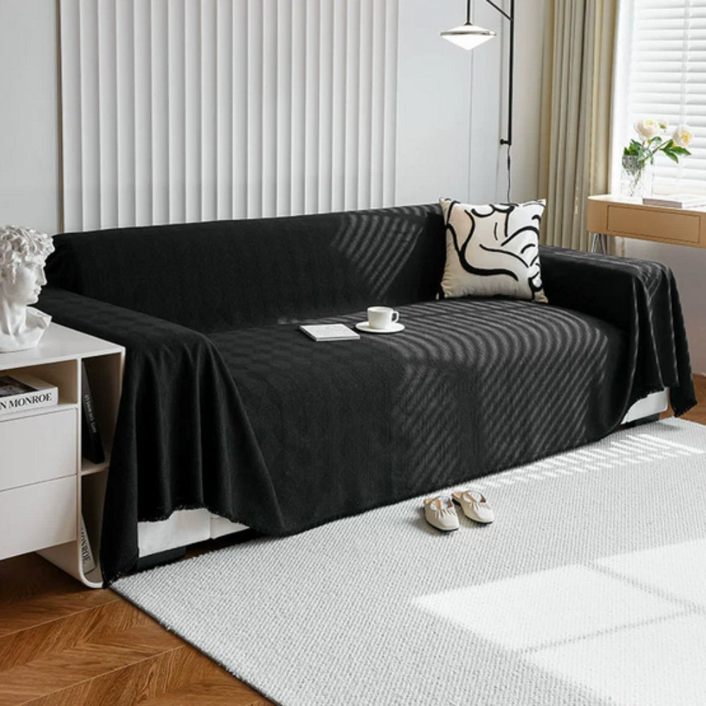 Diamond Grid Chenille Sofa Cover Midnight Black