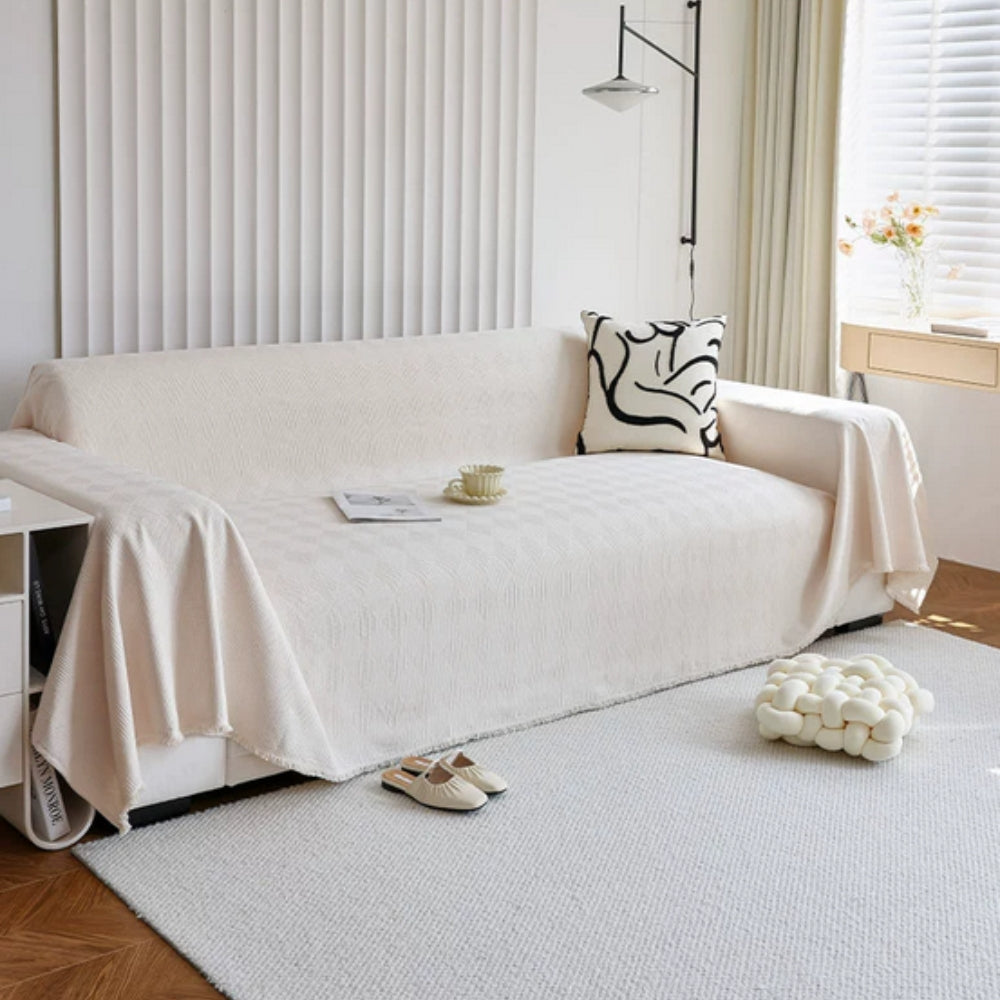 Diamond Grid Chenille Sofa Cover Cream White