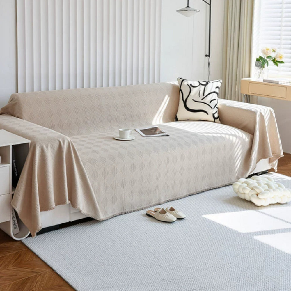 Diamond Grid Chenille Sofa Cover Soft Beige