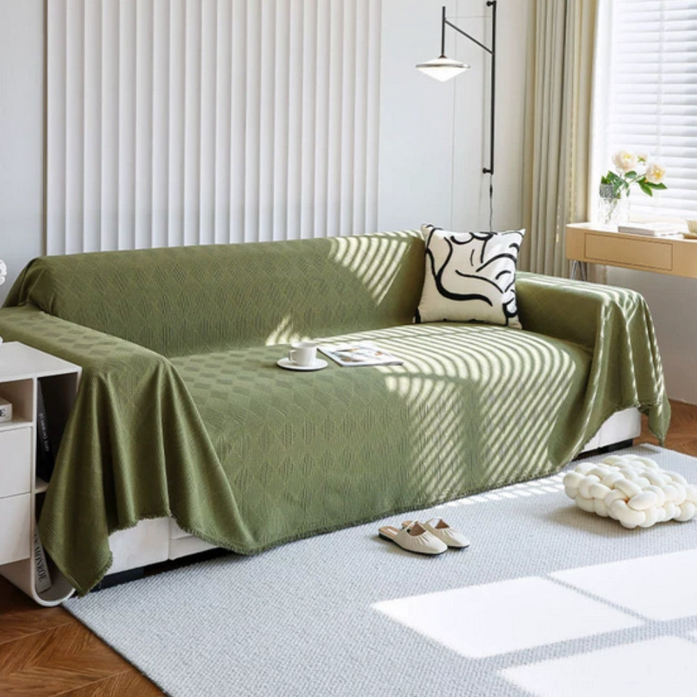 Diamond Grid Chenille Sofa Cover Olive Green