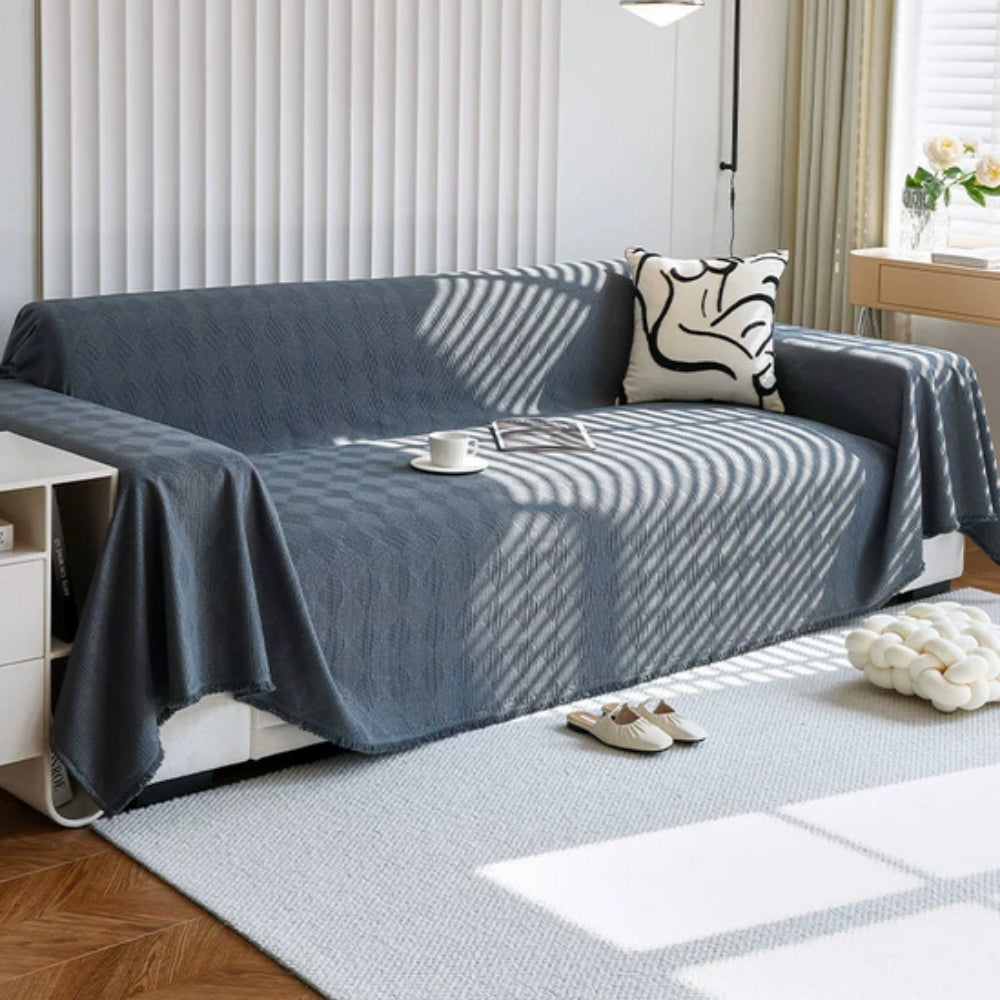 Diamond Grid Chenille Sofa Cover Slate Blue