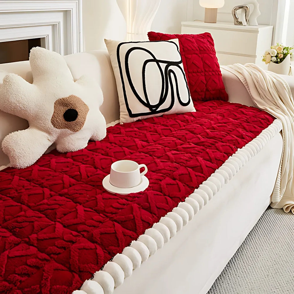 Snuggle Sherpa Plush Sofa Protector Cover Velvet Red