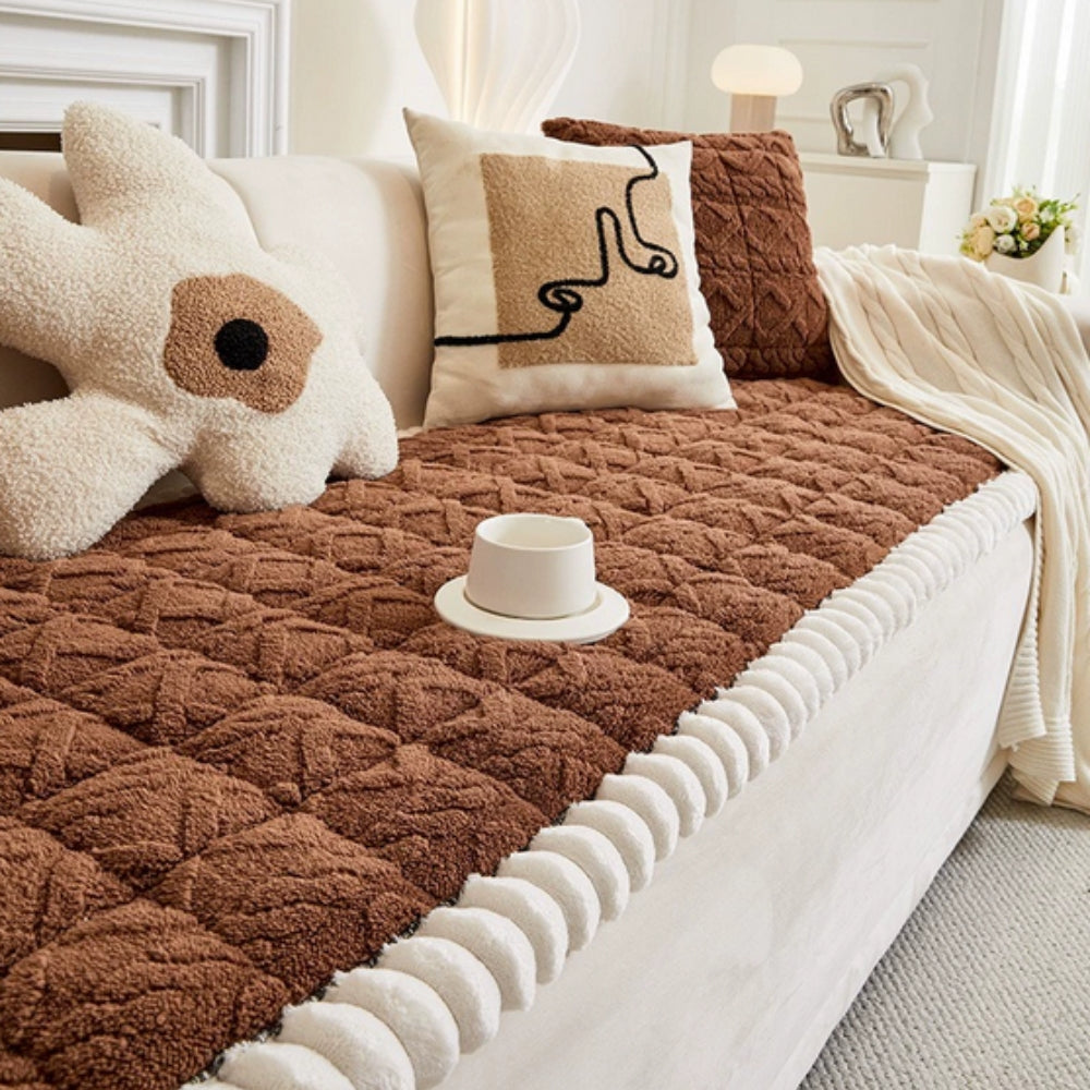 Snuggle Sherpa Plush Sofa Protector Cover Mocha Brown