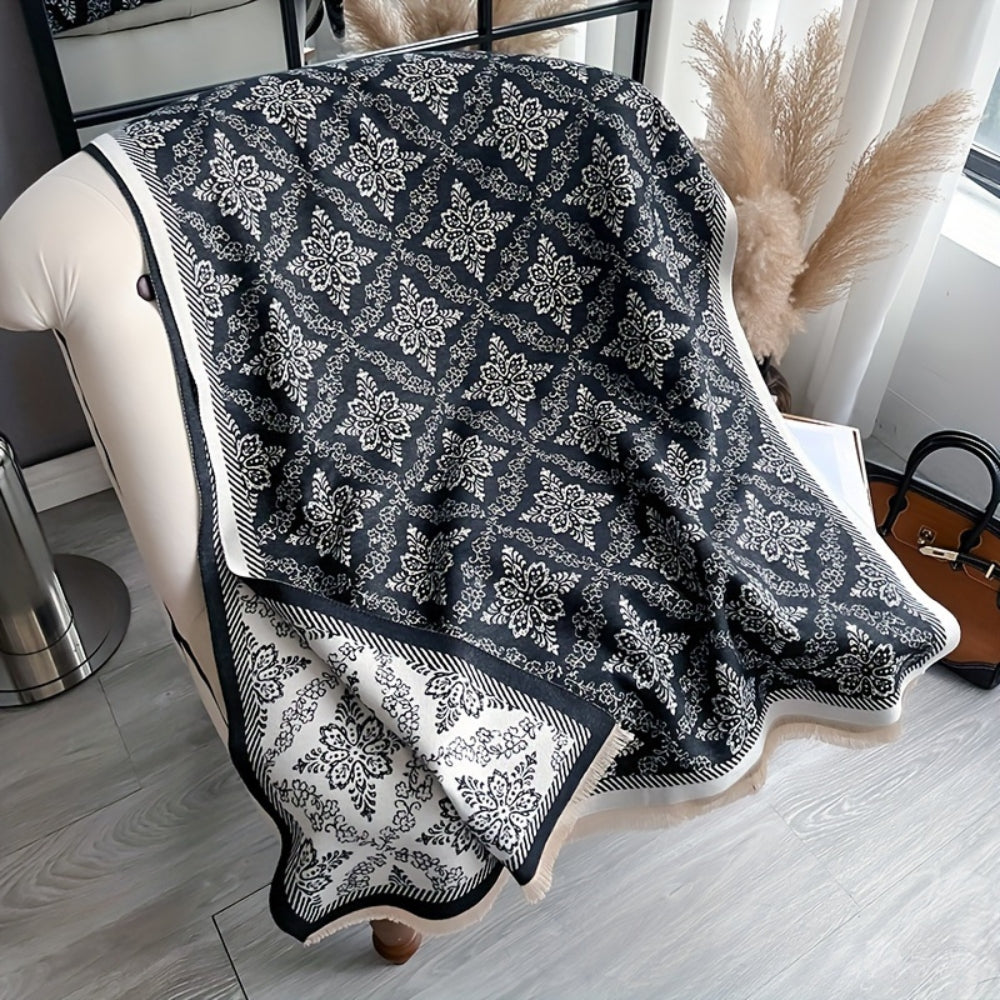 Elara Damask Print Scarf Shawl Midnight Ivory