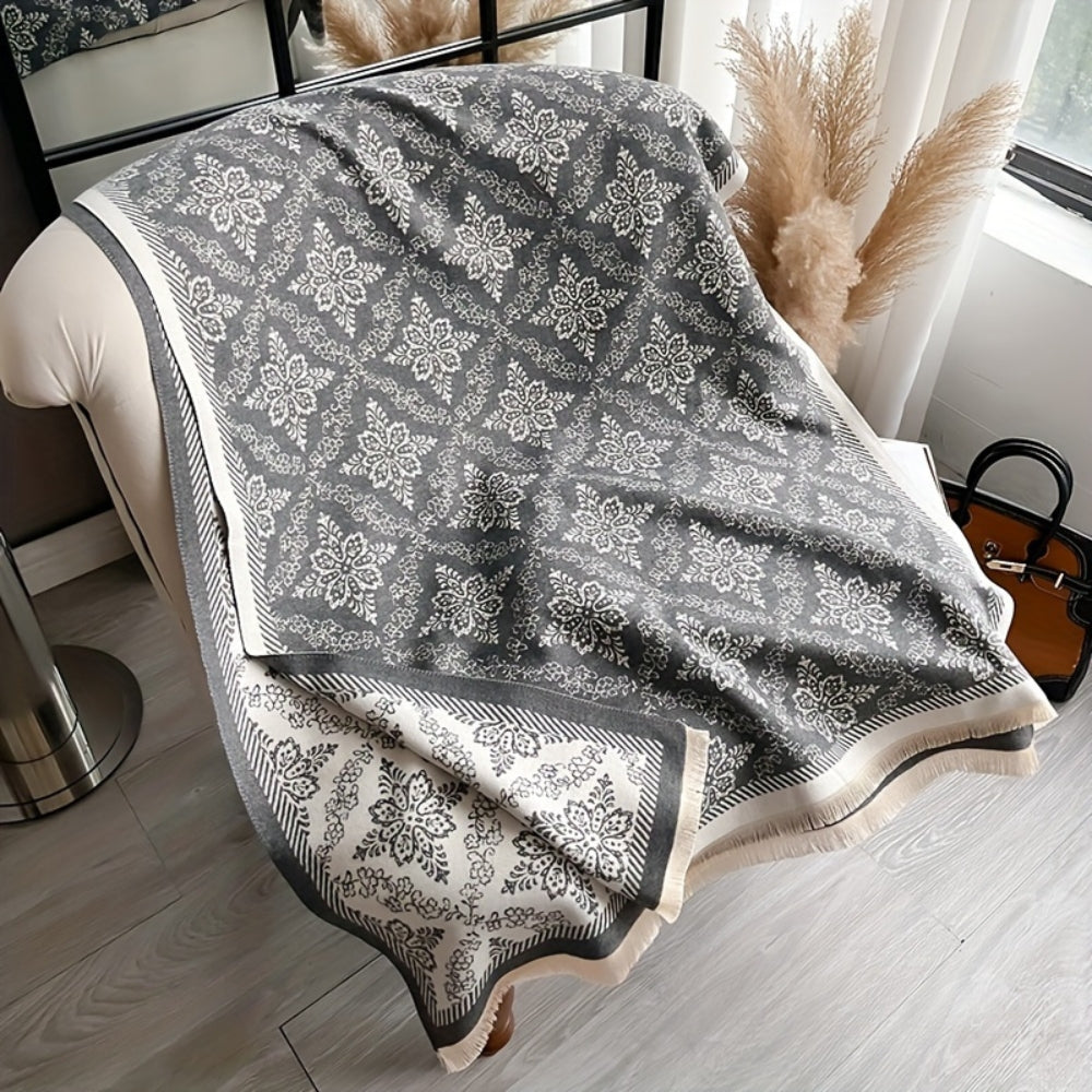 Elara Damask Print Scarf Shawl Charcoal Cream