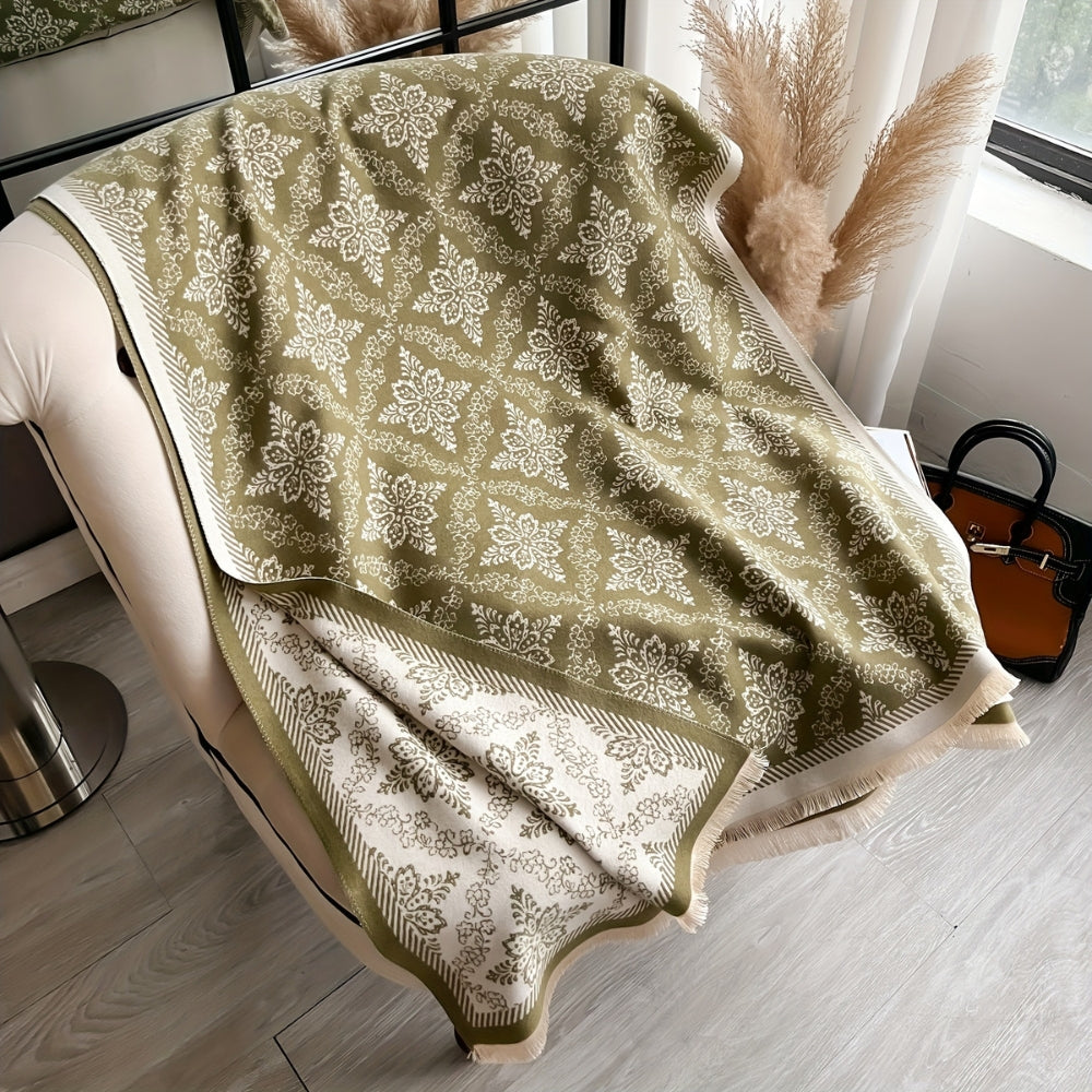 Elara Damask Print Scarf Shawl Olive Beige