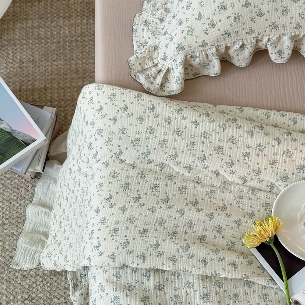 Sage Green Floral Muslin Quilt – Ruffle Edge Cotton Bedding