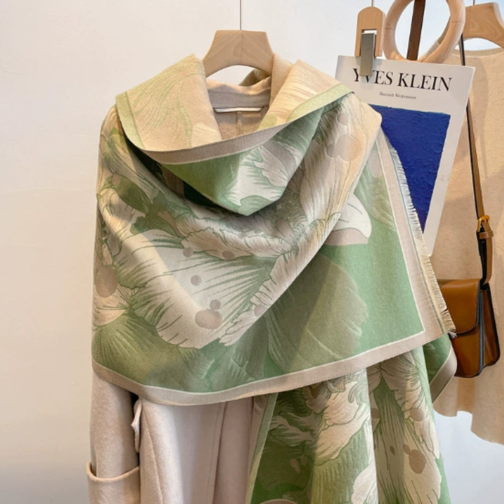 Elegant Floral Jacquard Woven Scarf Meadow Green