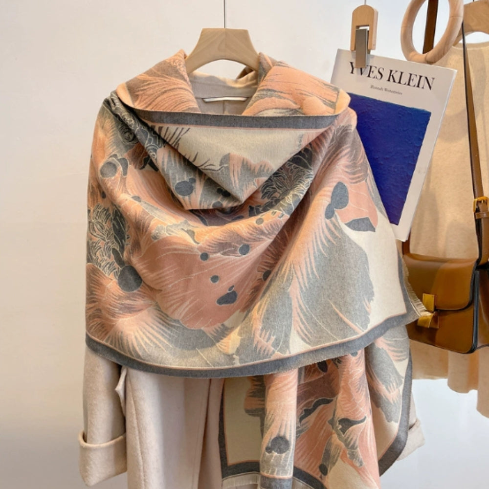 Elegant Floral Jacquard Woven Scarf Peach Blossom