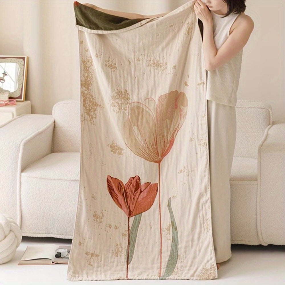 Elegant Floral Print Bath Towel Blanket Tulip Grace
