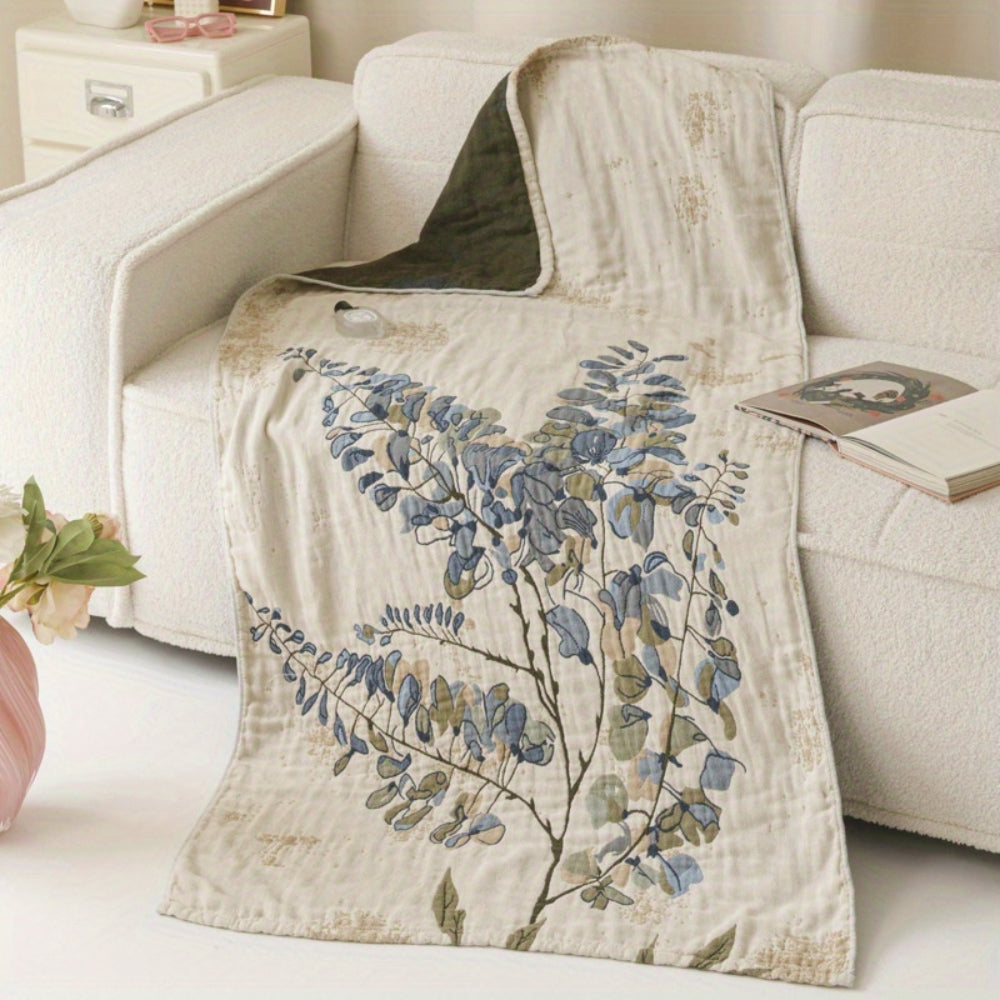 Elegant Floral Print Bath Towel Blanket Indigo Fern