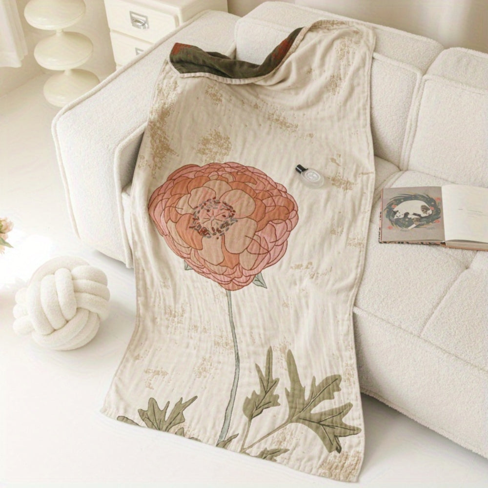Elegant Floral Print Bath Towel Blanket Coral Peony