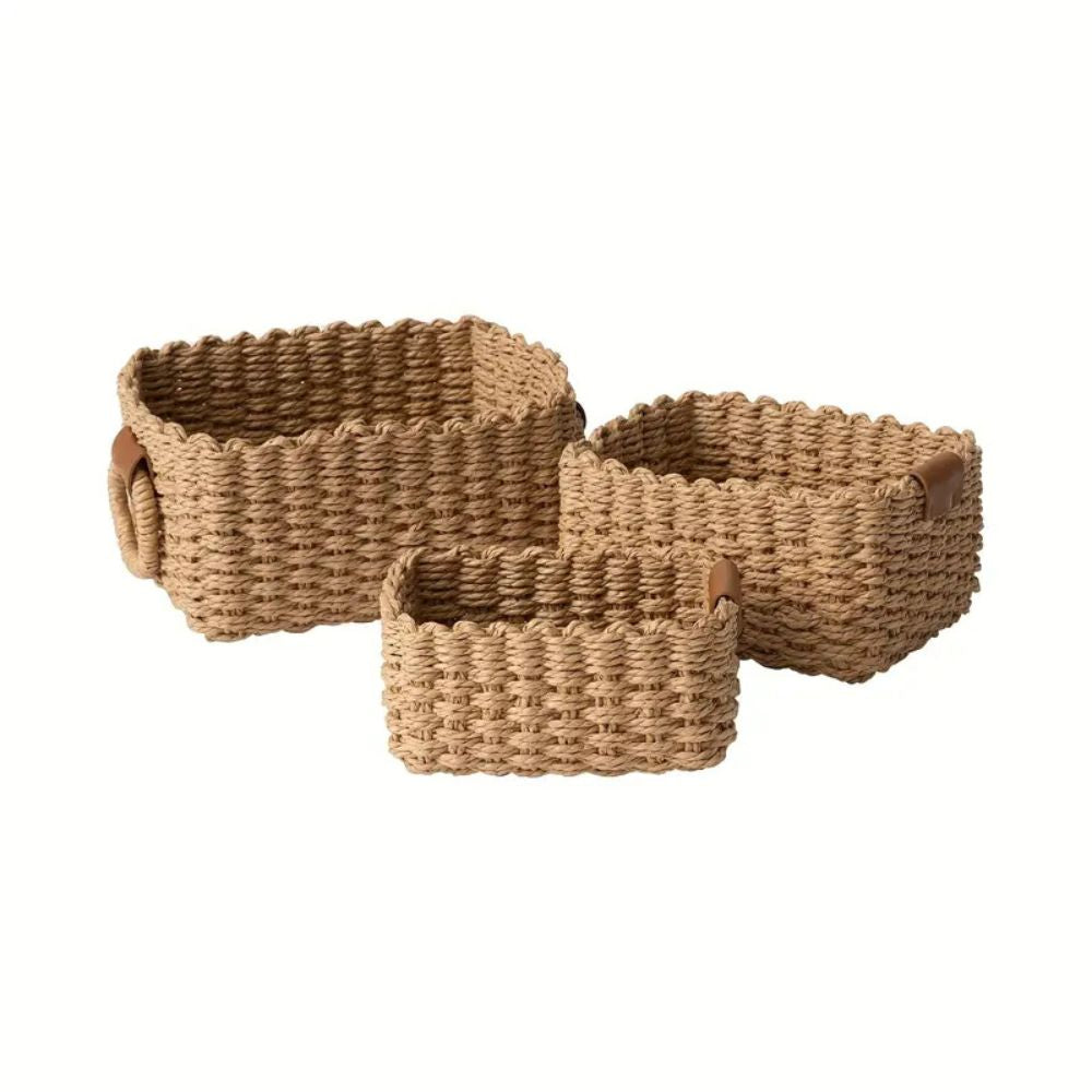 Elegant Rattan Weave Basket Set Khaki