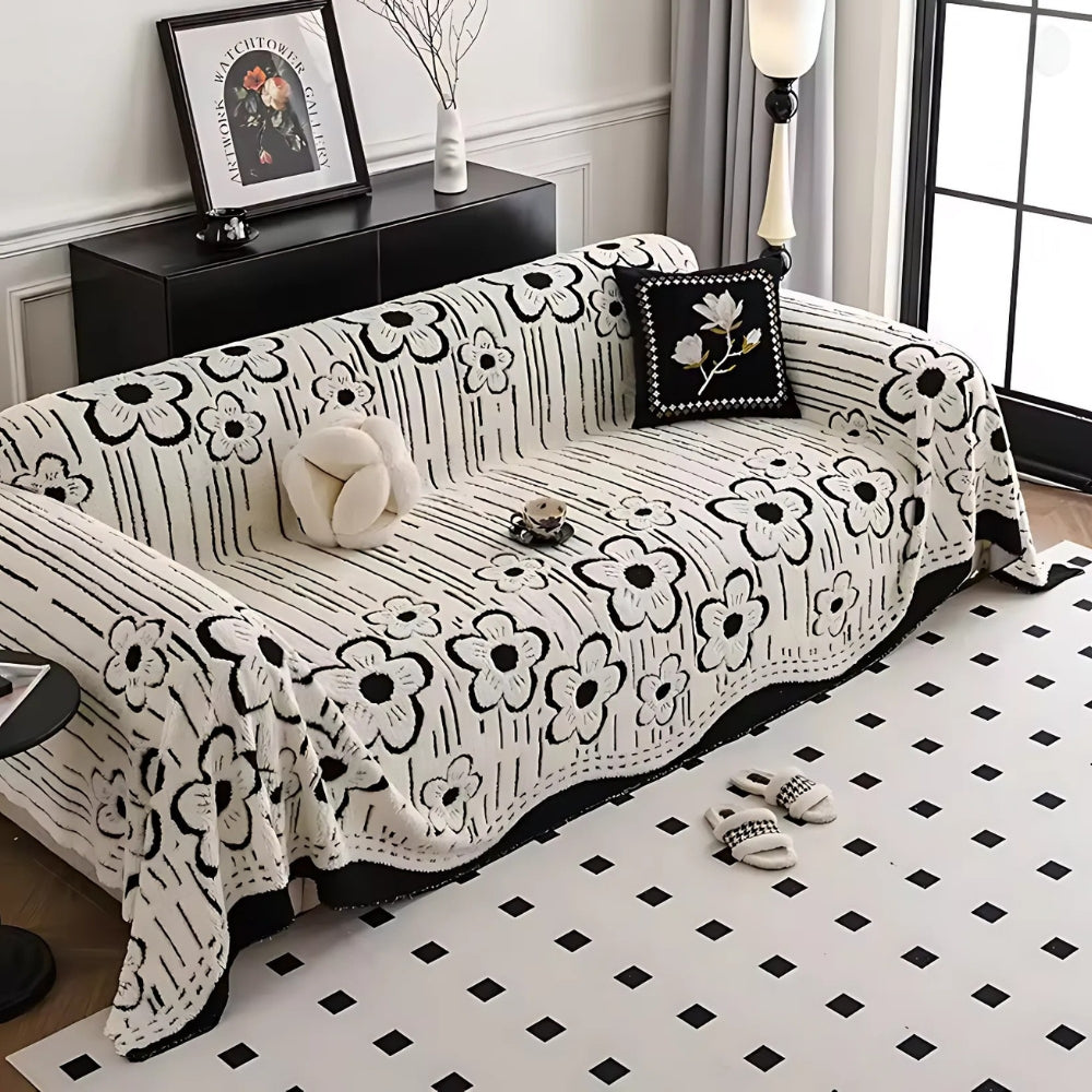 Embroidered Flower Soft Sofa Cover Noir Bloom