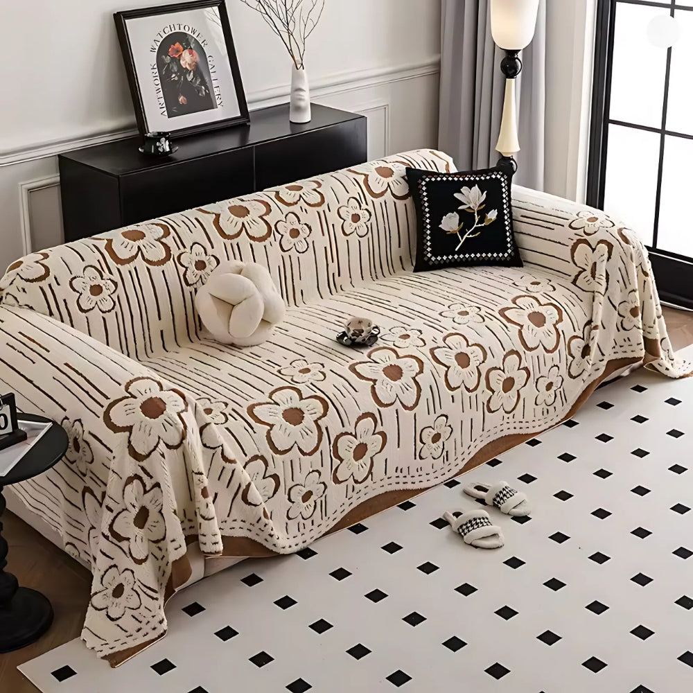 Embroidered Flower Soft Sofa Cover Caramel Bloom