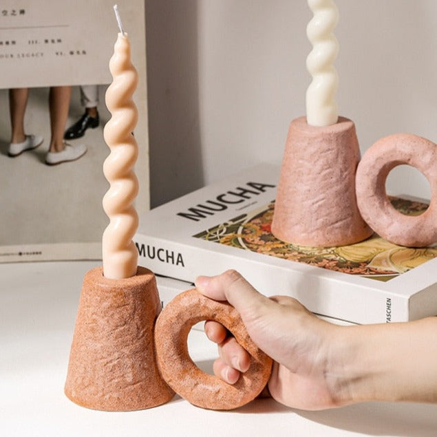 Etched Ceramic Candle Holder with Ring Coral