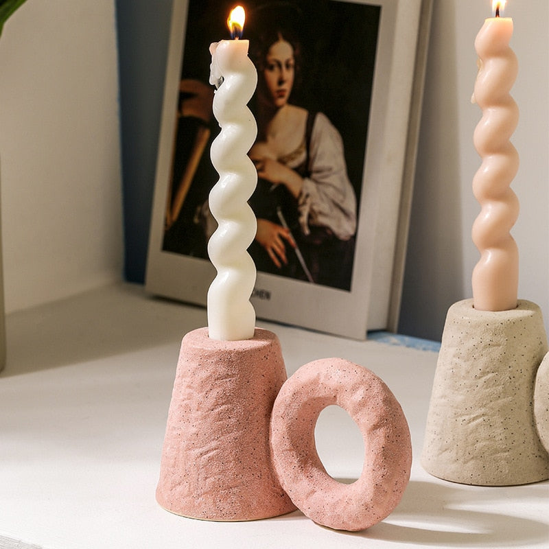 Etched Ceramic Candle Holder with Ring Pink