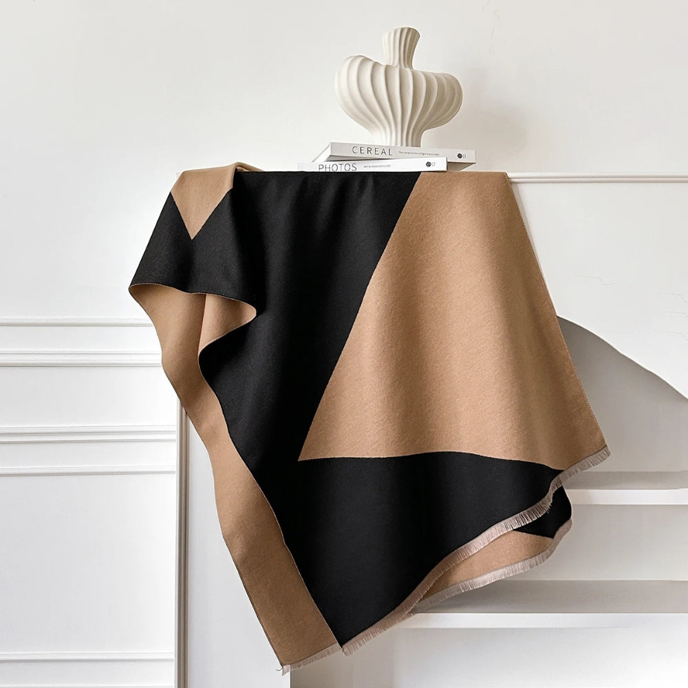 Two Tone Geometric Luxe Shawl Scarf Noir Camel