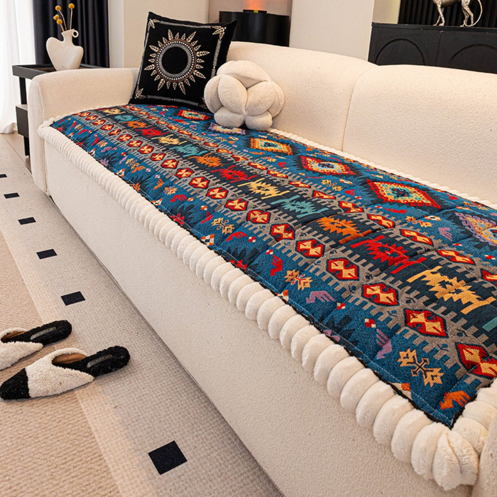 Ethnic Boho Embossed Plush Couch Cover Teal Nomad
