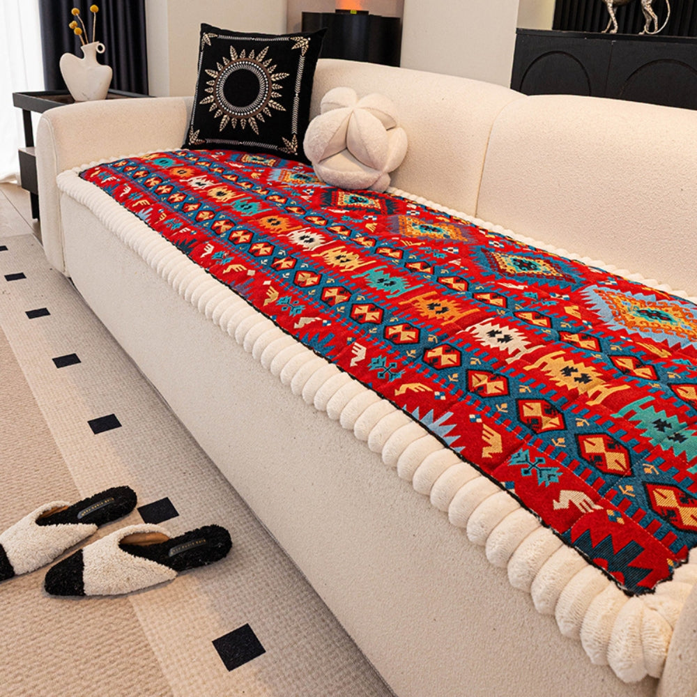 Ethnic Boho Embossed Plush Couch Cover Ruby Tribal