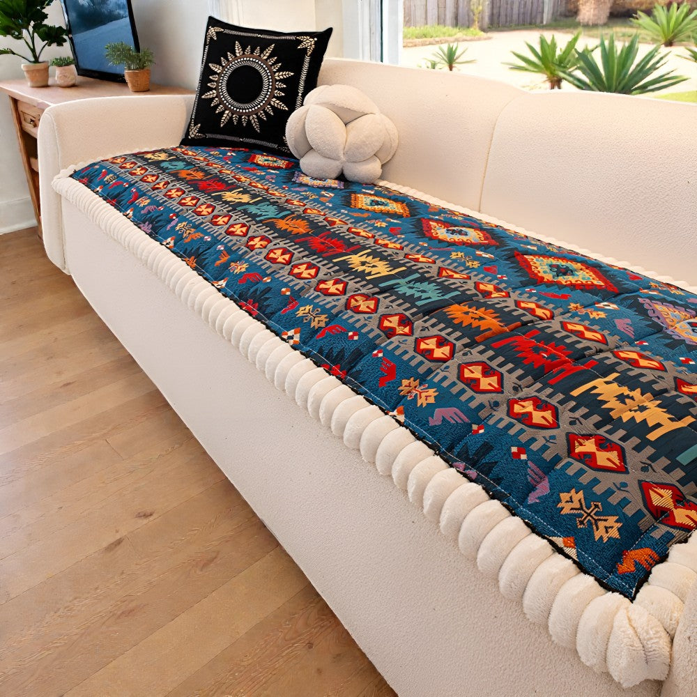Ethnic Style Quilted Non Slip Couch Cover Navy Tribal