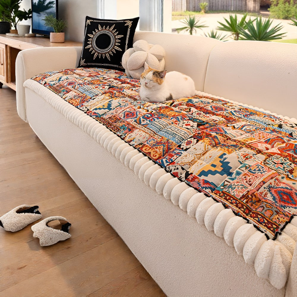 Ethnic Style Quilted Non Slip Couch Cover Cream Mosaic