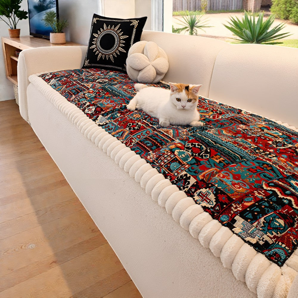 Ethnic Style Quilted Non Slip Couch Cover Teal Patchwork