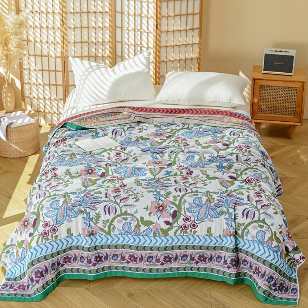 European Floral Reversible Blanket | 100% Cotton Blanket White Bloom