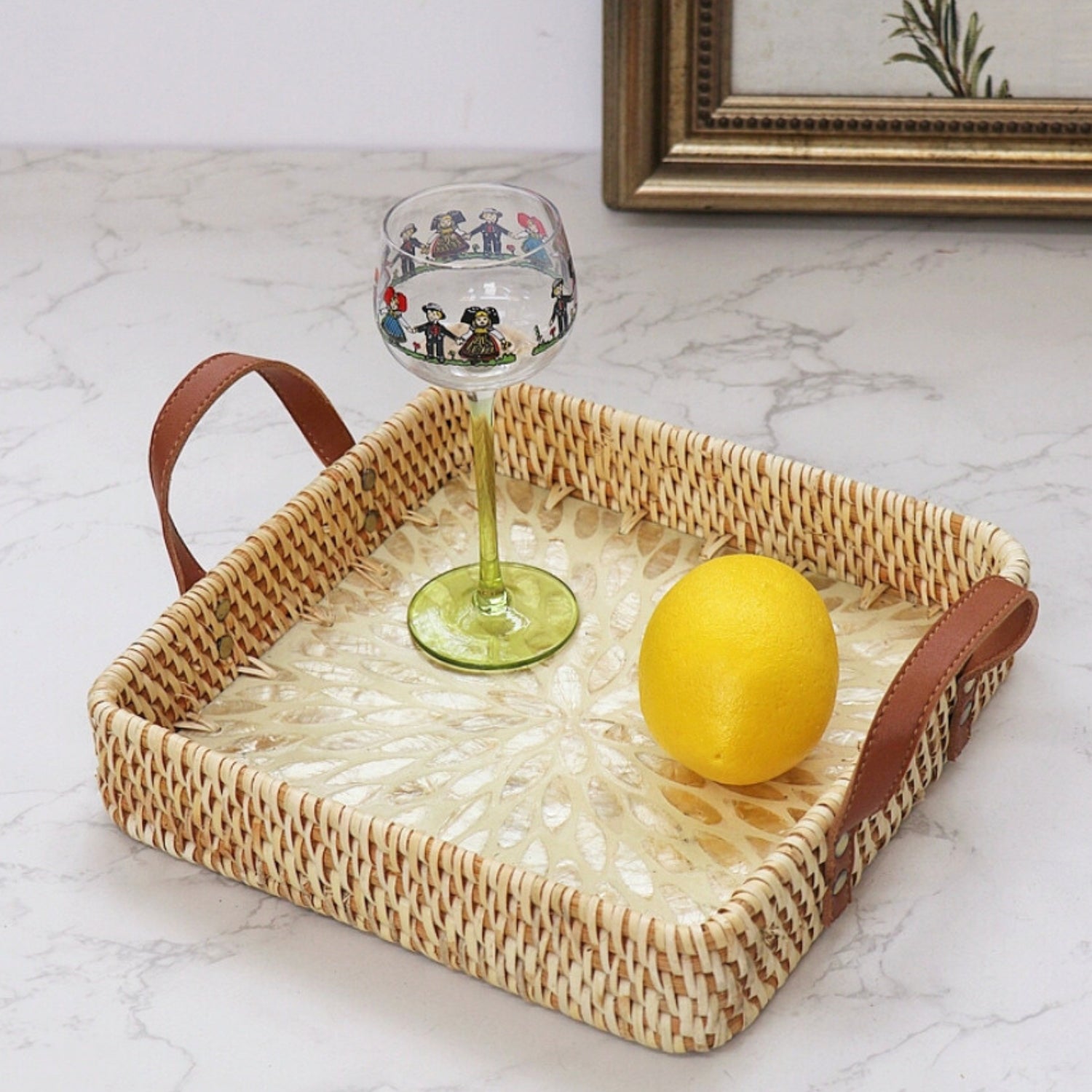 Farmhouse Rattan Tray in Assorted Patterns Square Glow