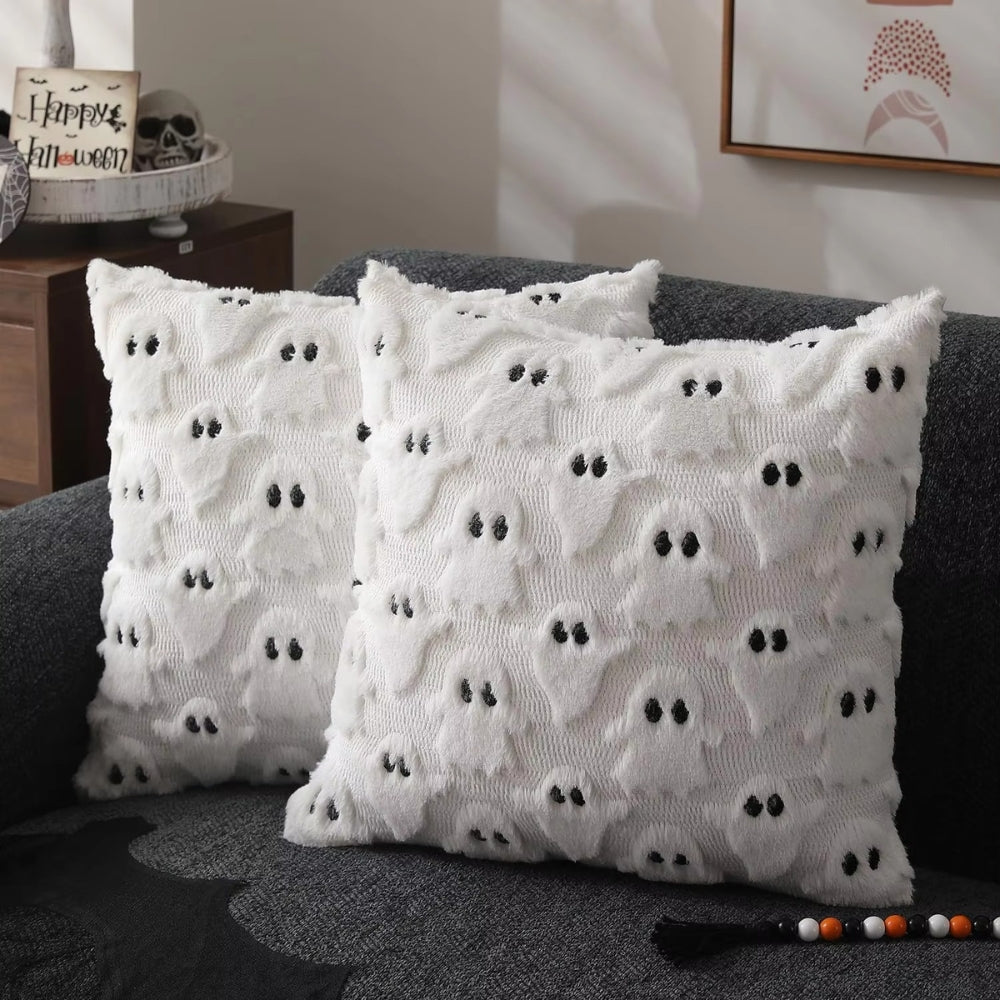 Faux Fleece Halloween Pumpkin Cushion Cover White Phantom