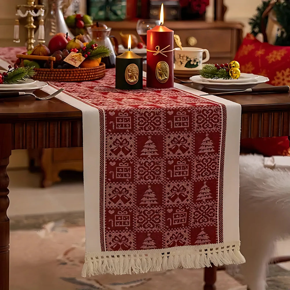 Festive Christmas Elk Table Runner Crimson Frost