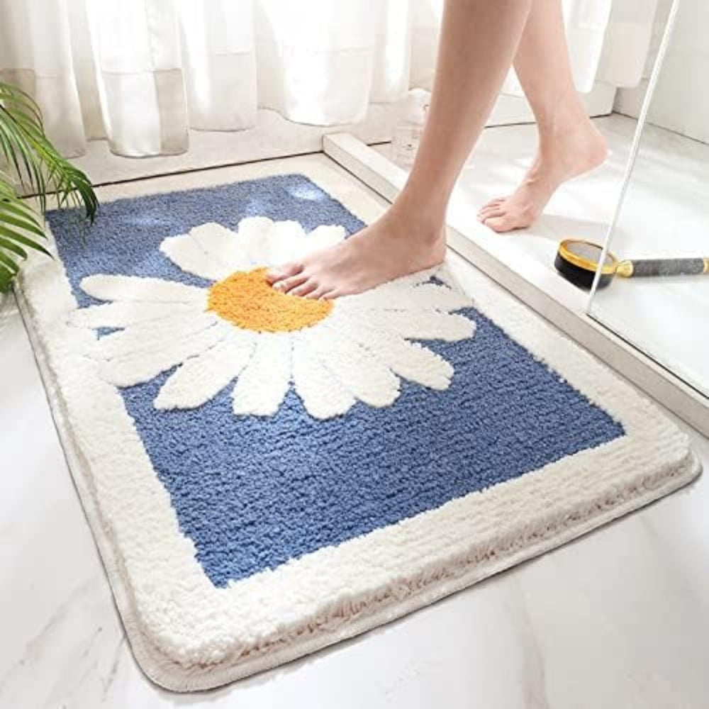 Fleur Plush Floral Bath Mat Denim Petal