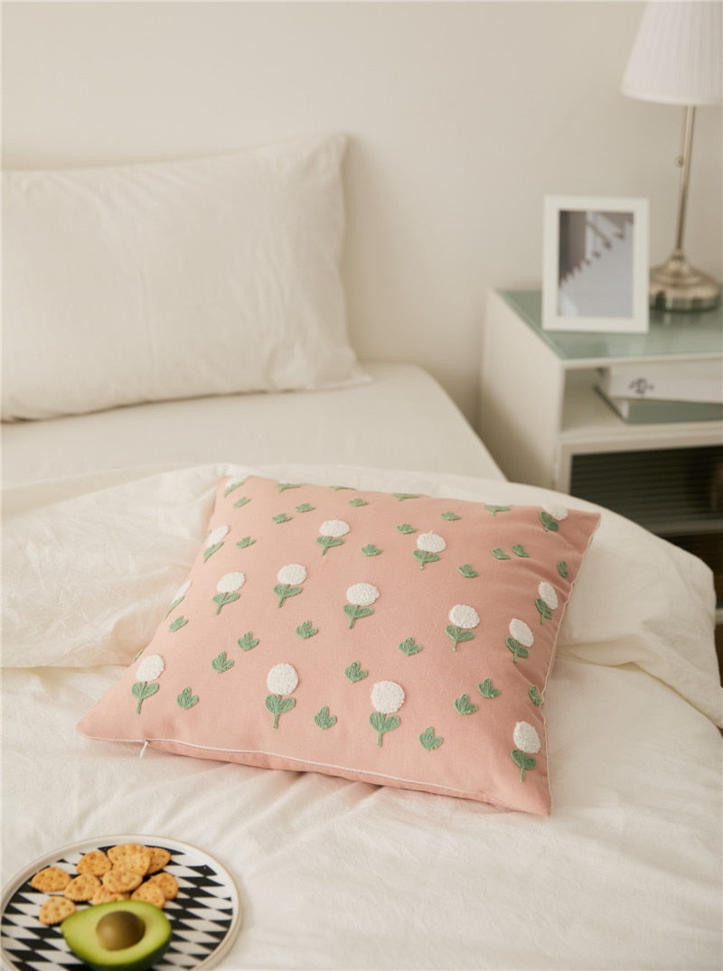 Floral Embroidered Cotton Pillow Cover