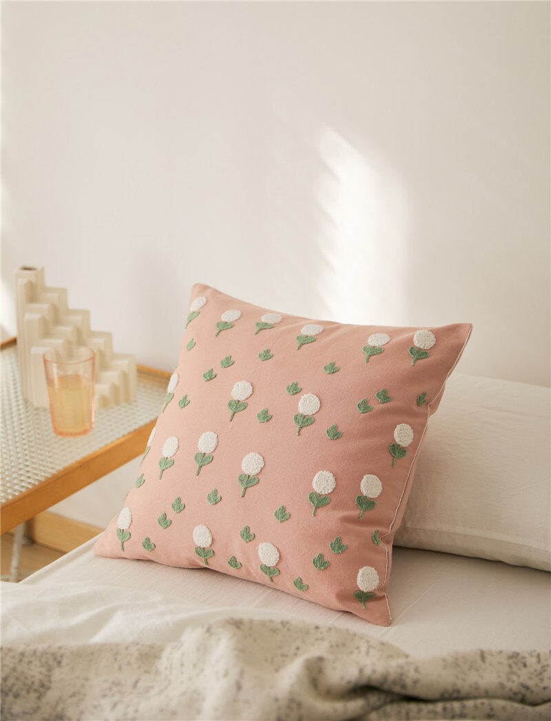 Floral Embroidered Cotton Pillow Cover