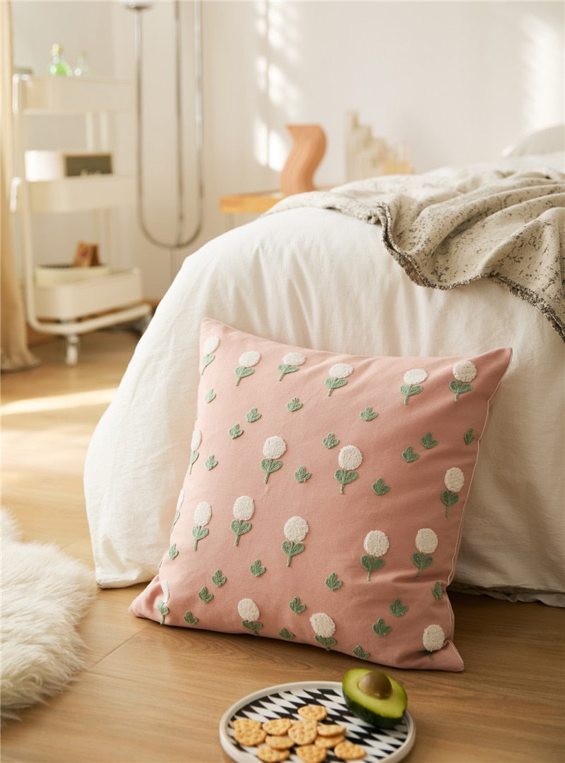 Floral Embroidered Cotton Pillow Cover